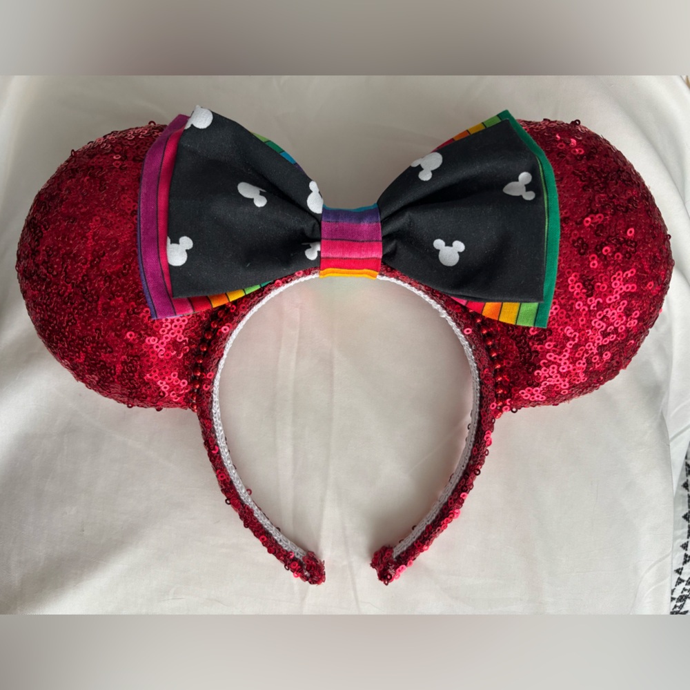 Vibrant Red Sequin Disney Style Mickey Mouse Ears Headband Rainbow Pride Bow
